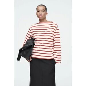COS-Red & White stripe 100% Cotton boat neck top Wide sleeve Breton Size Small
